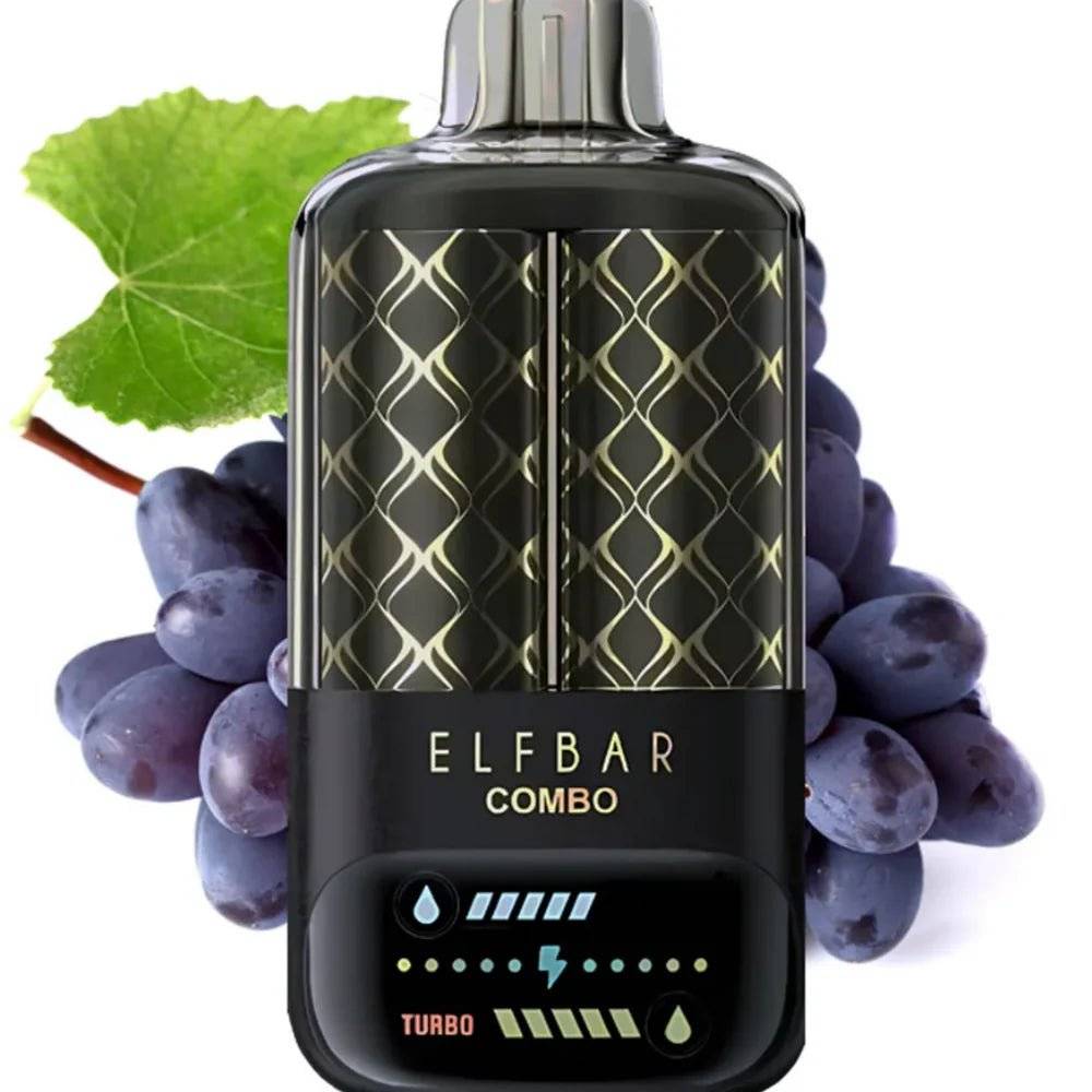 Elf Bar Grape Mary Drink Combo 25000 mit 5 % Nikotin vor frischen Trauben. Fruchtige Einweg E-Zigarette mit Shisha-Style und Cocktail-Aroma.