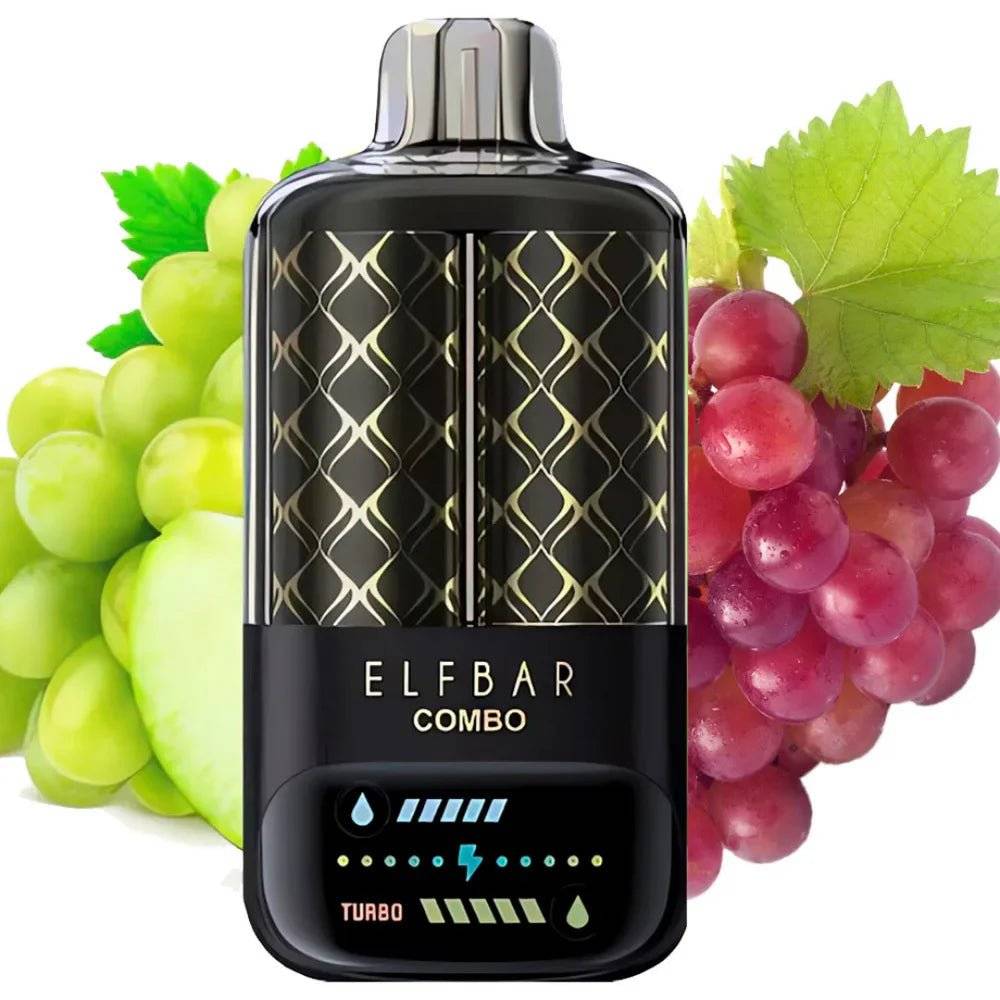Elf Bar Green Grape Combo 25000 mit grünem und rotem Traubenmotiv. Wiederaufladbare E-Zigarette mit 25.000 Zügen und USB-C-Anschluss.