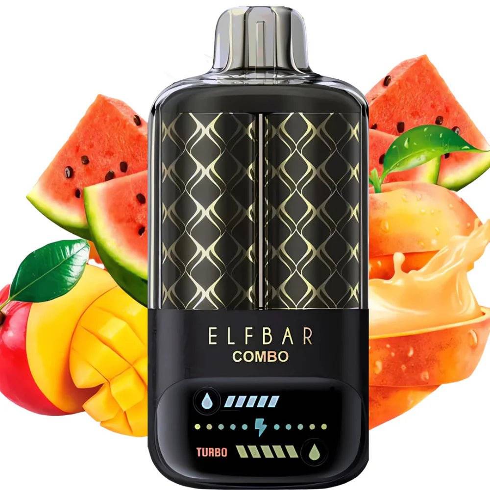 Elf Bar Combo 25000 Peach Mango Watermelon mit stylischem Design vor tropischen Früchten. Fruchtige Einweg E-Zigarette mit 5 % Nikotin.