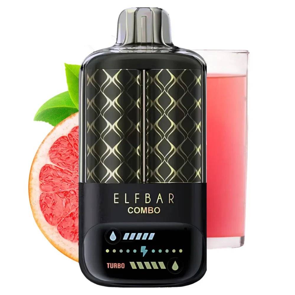 Elf Bar Combo 25000 Pink Lemonade Grapefruit mit Glas Saft und Grapefruit im Hintergrund. Fruchtige Einweg E-Zigarette mit 5 % Nikotin.