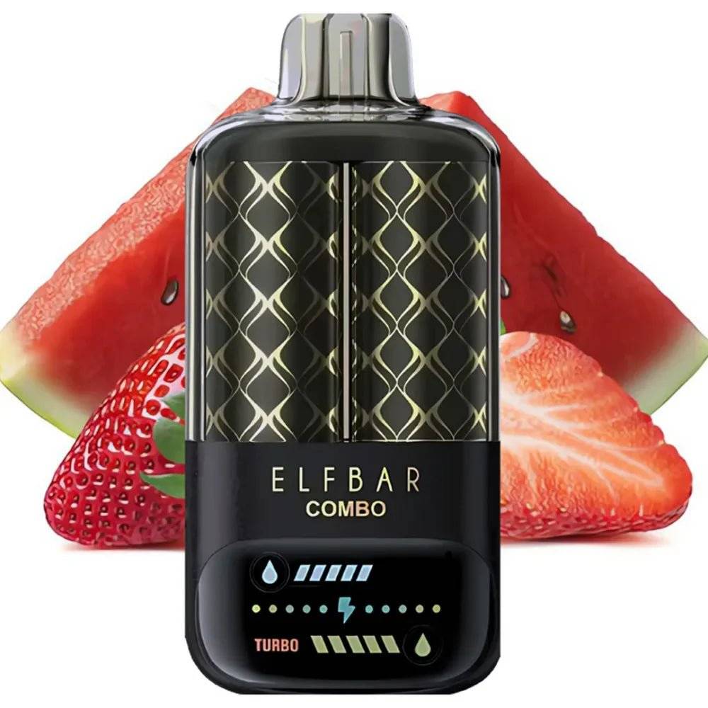 Elf Bar Combo 25000 Watermelon Strawberry Vape mit USB-C Anschluss und 25000 Zügen, vor Erdbeer- und Wassermelonenhintergrund platziert.