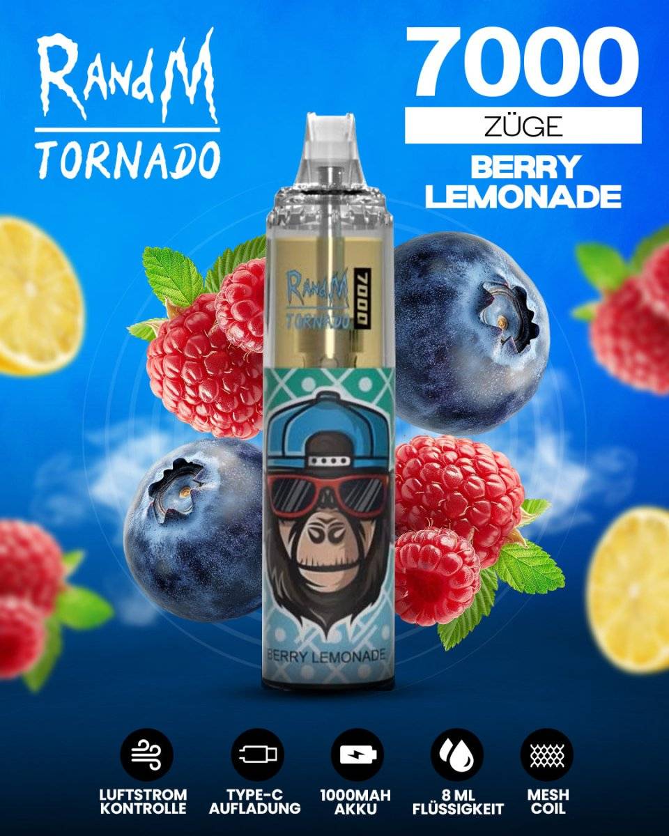 RandM Tornado 7000 Berry Lemonade Einweg-Vape mit 7000 Zügen und erfrischendem Beeren-Limonaden-Geschmack