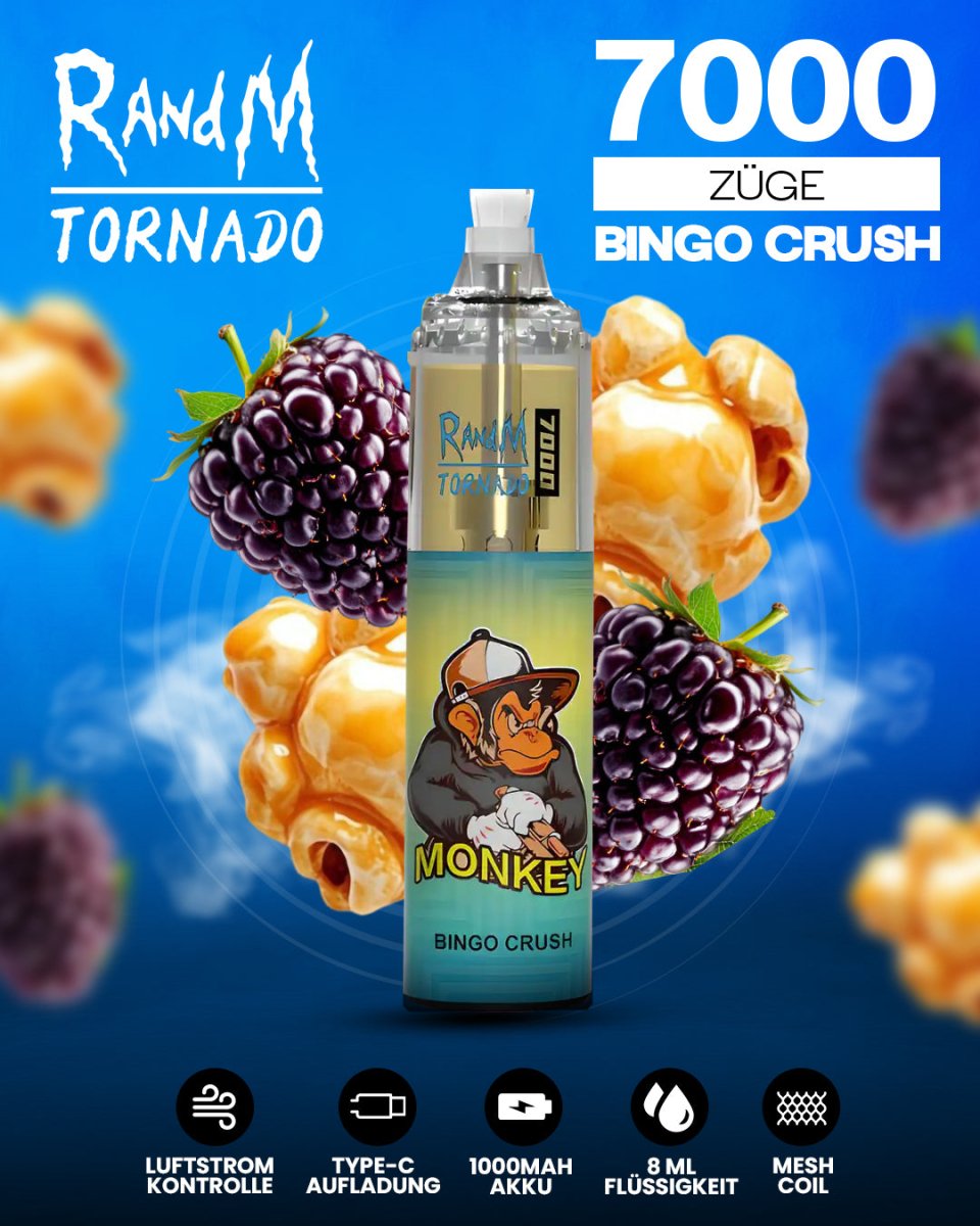 RandM Tornado 7000 Bingo Crush Einweg-Vape mit 7000 Zügen und fruchtig-erfrischendem Bingo-Crush-Geschmack