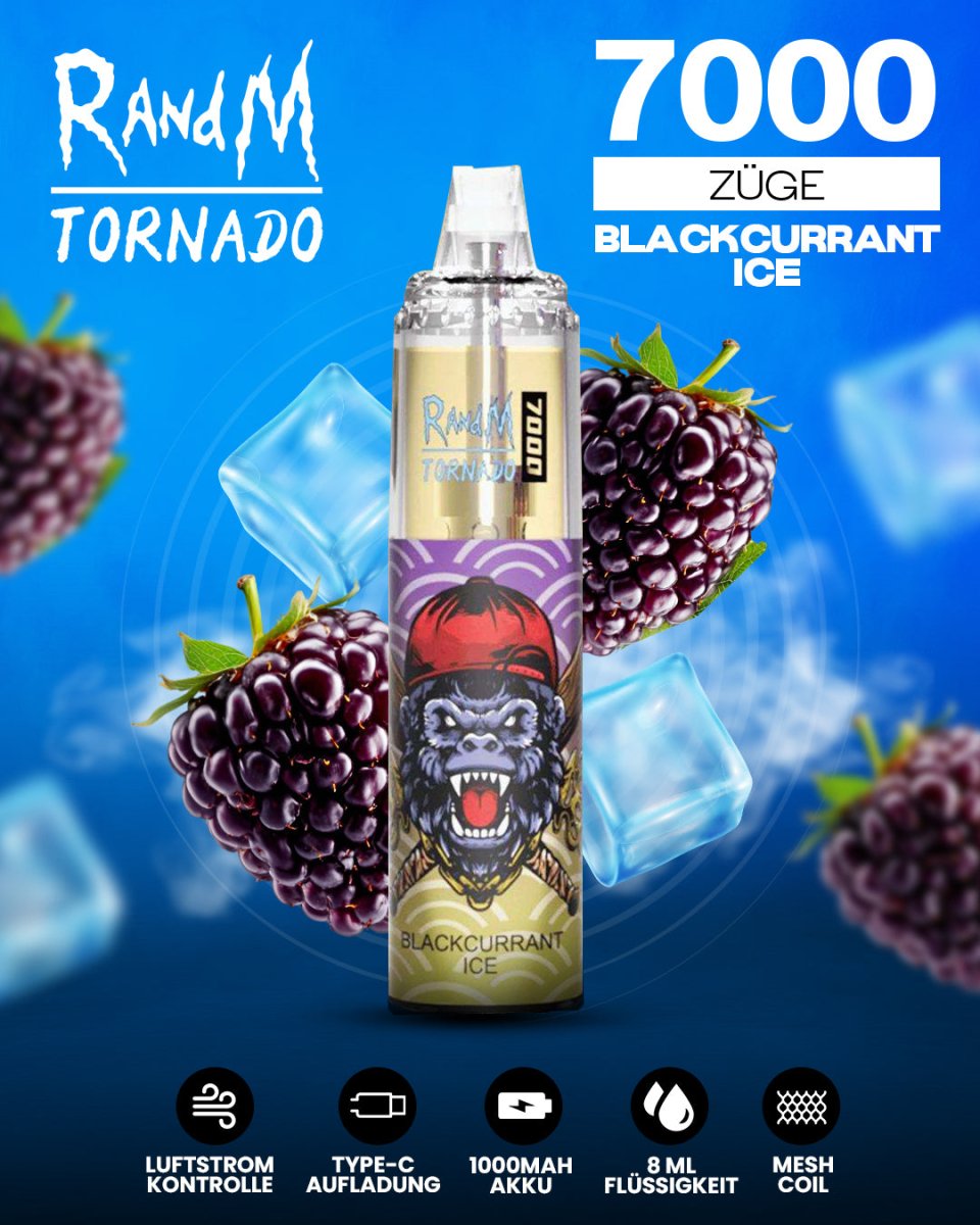 RandM Tornado 7000 Blackcurrant Ice Einweg-Vape mit 7000 Zügen und fruchtig-kühlem Schwarze-Johannisbeere-Menthol-Geschmack