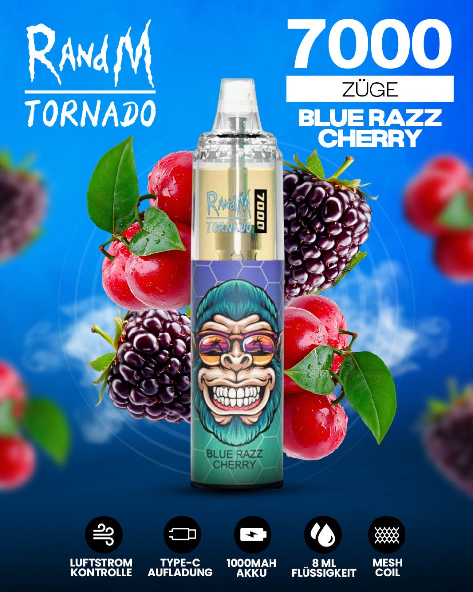 RandM Tornado 7000 Blue Razz Cherry Einweg-Vape mit 7000 Zügen und süß-säuerlichem Blue-Razz-Kirsch-Geschmack