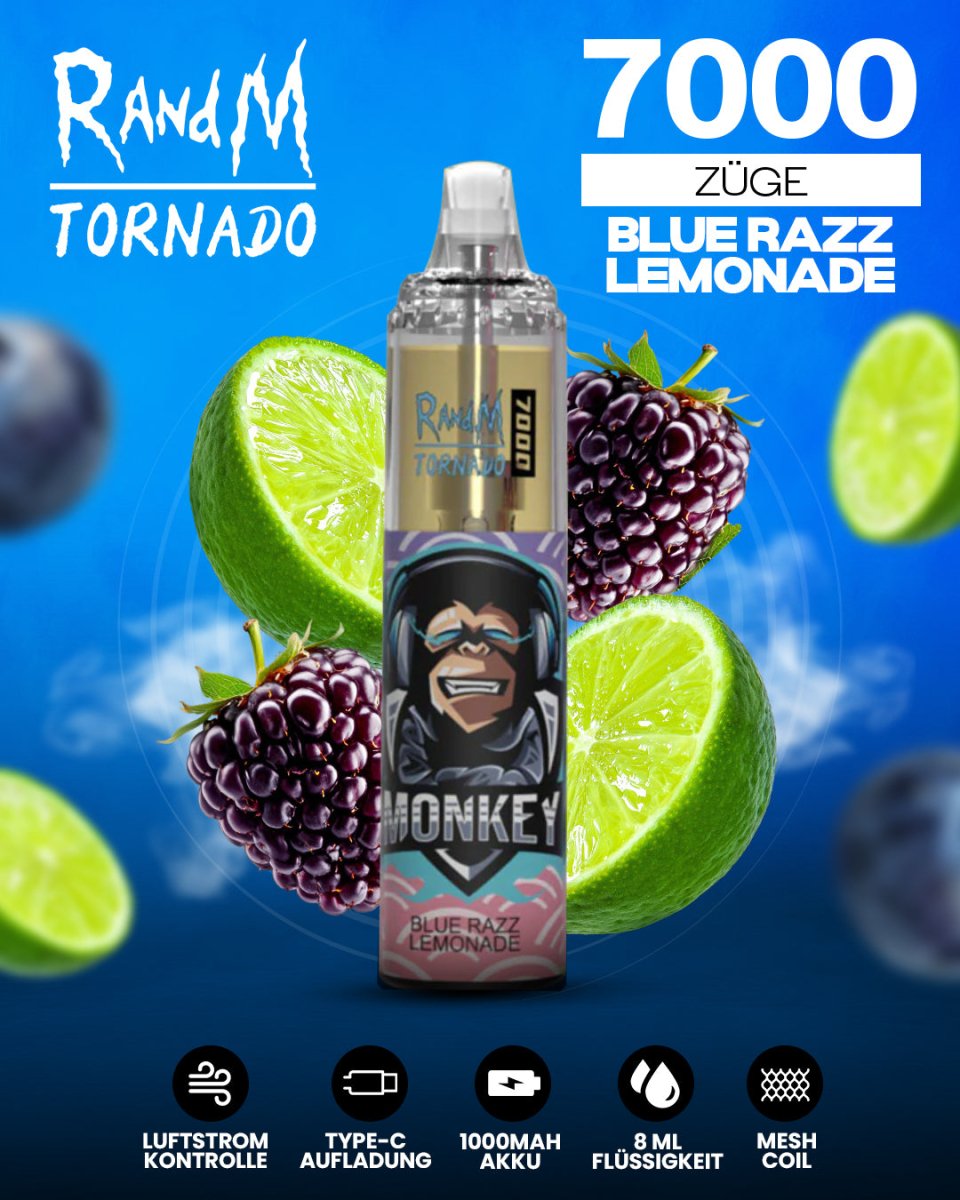 RandM Tornado 7000 Blue Razz Lemonade Einweg-Vape mit 7000 Zügen und erfrischendem Blue-Razz-Limonaden-Geschmack