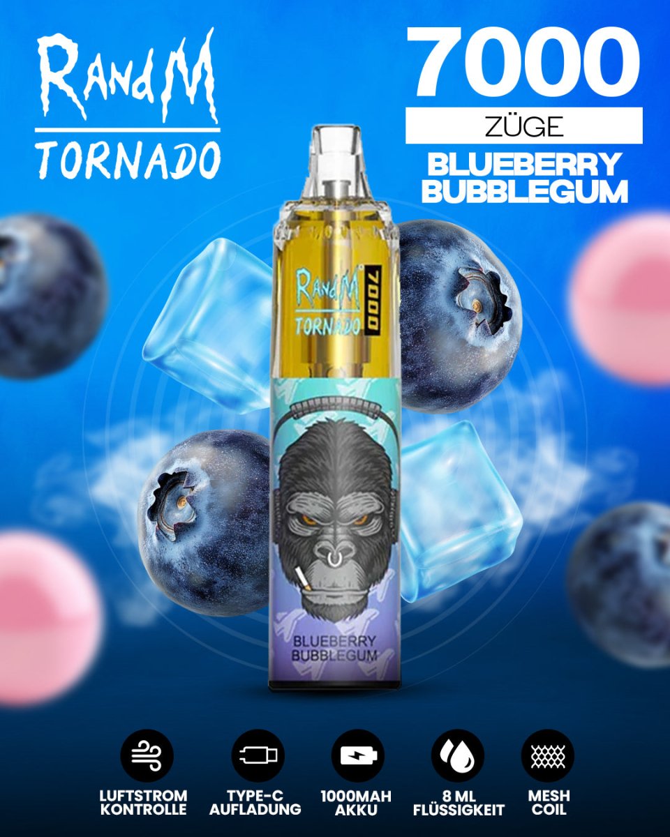 RandM Tornado 7000 Blueberry Bubblegum Einweg-Vape mit 7000 Zügen und süßem Blaubeer-Kaugummi-Geschmack