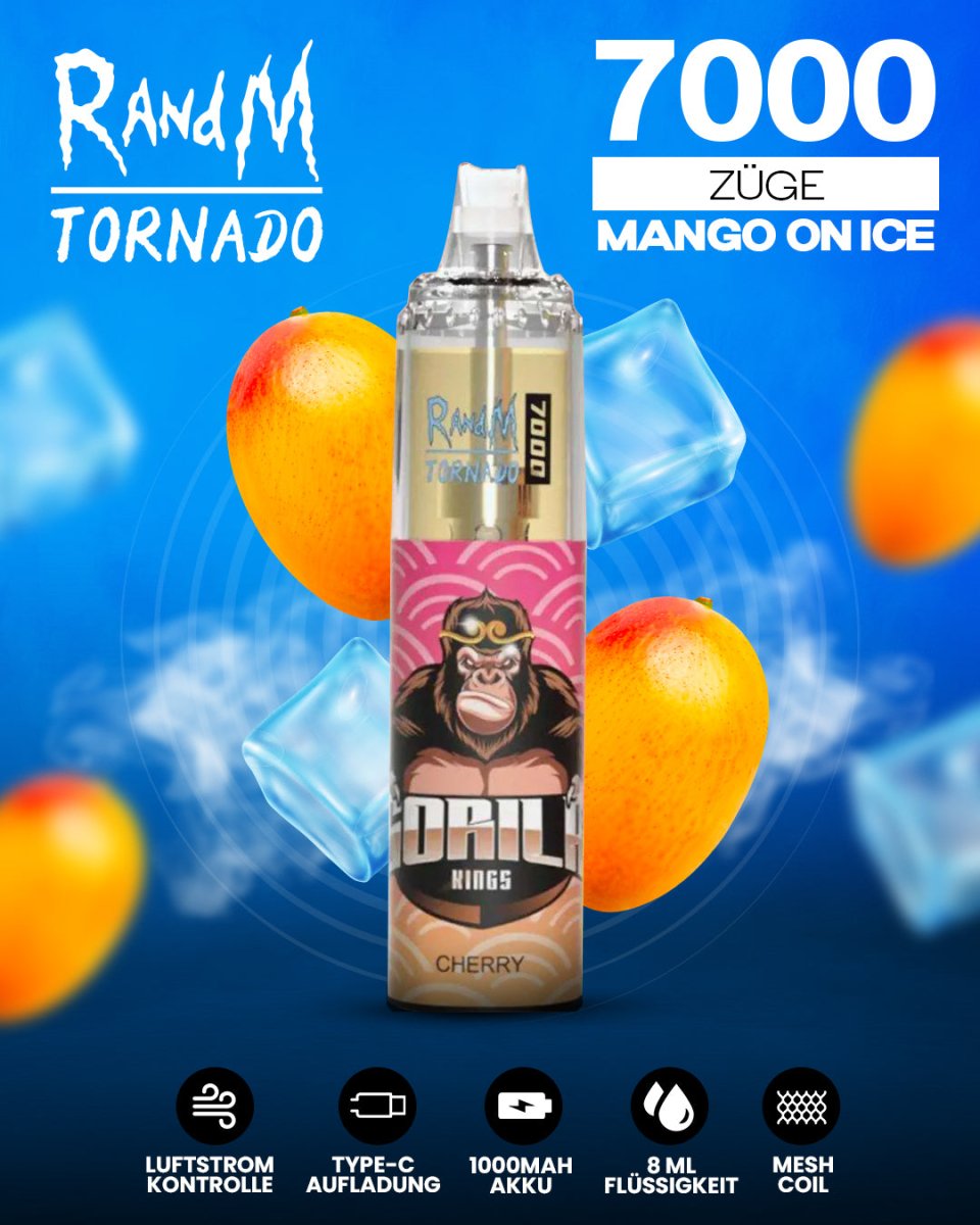 RandM Tornado 7000 Mango on Ice Einweg-Vape mit 7000 Zügen und tropisch-kühlem Mango-Menthol-Geschmack