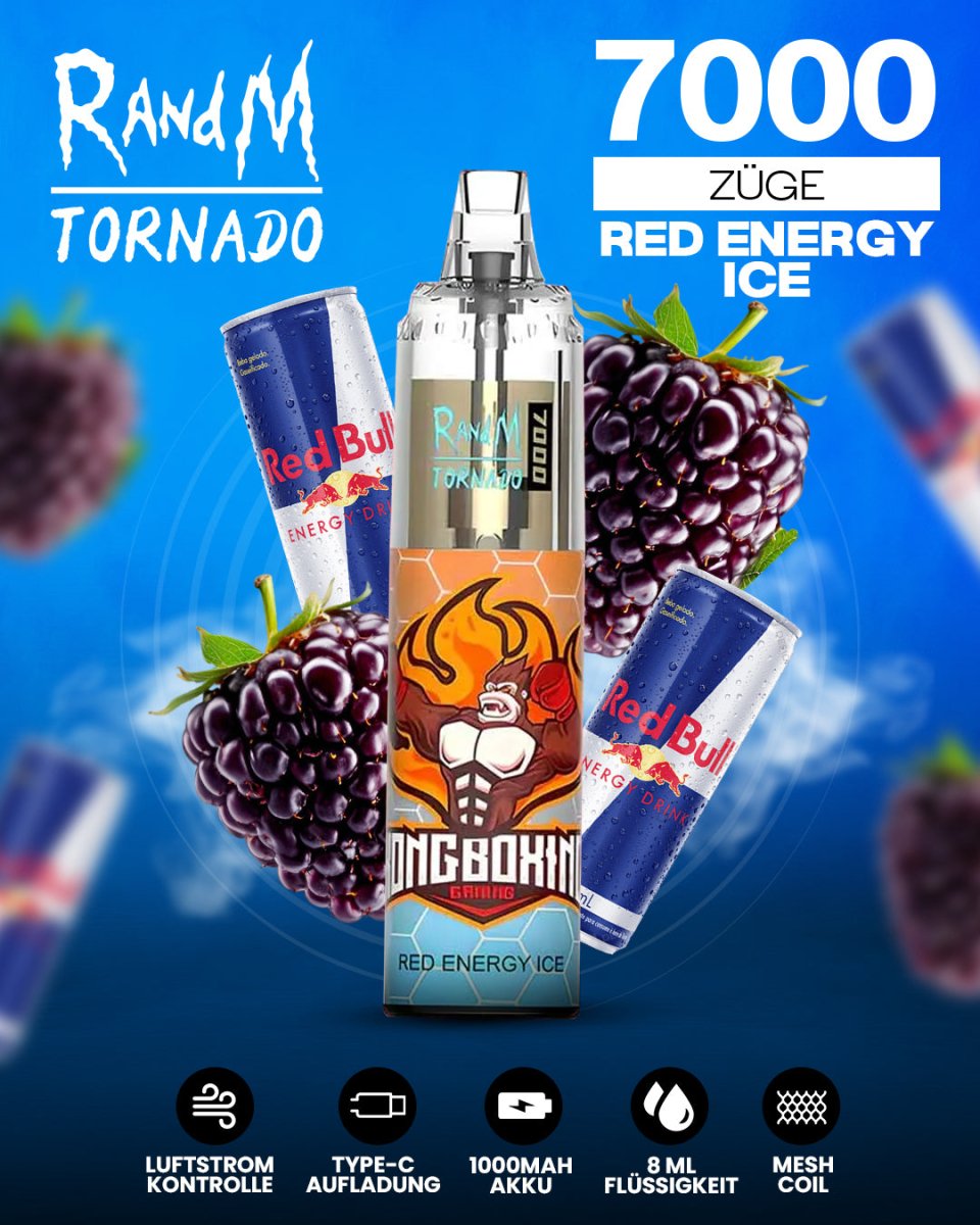 RandM Tornado 7000 Red Energy Ice Einweg-Vape mit 7000 Zügen und belebendem Energy-Drink-Menthol-Geschmack
