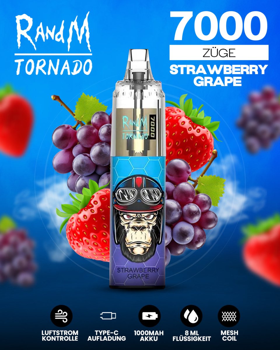 RandM Tornado 7000 Strawberry Grape Einweg-Vape mit 7000 Zügen und fruchtigem Erdbeer-Trauben-Geschmack