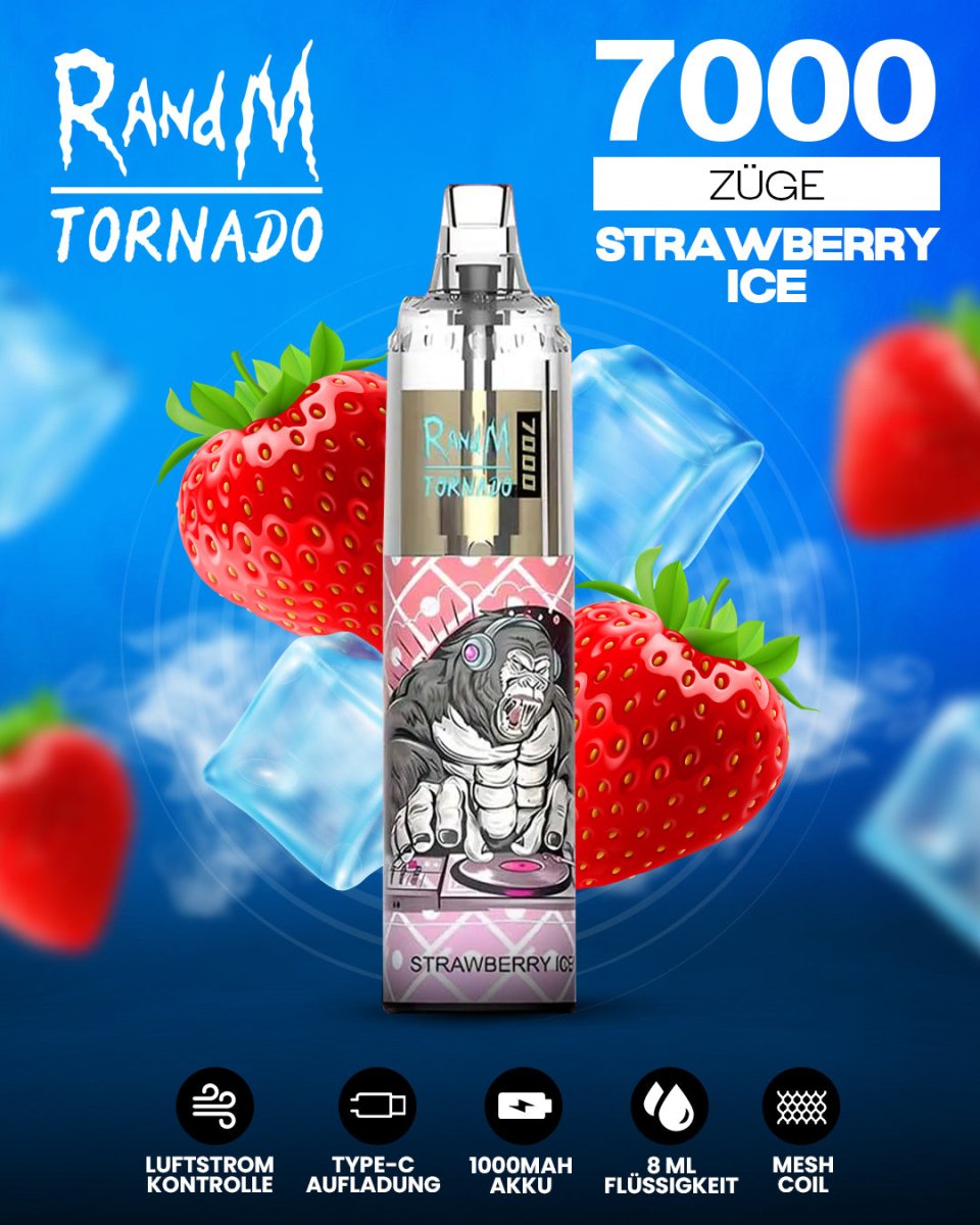 RandM Tornado 7000 Strawberry Ice Einweg-Vape mit 7000 Zügen und erfrischendem Erdbeer-Menthol-Geschmack