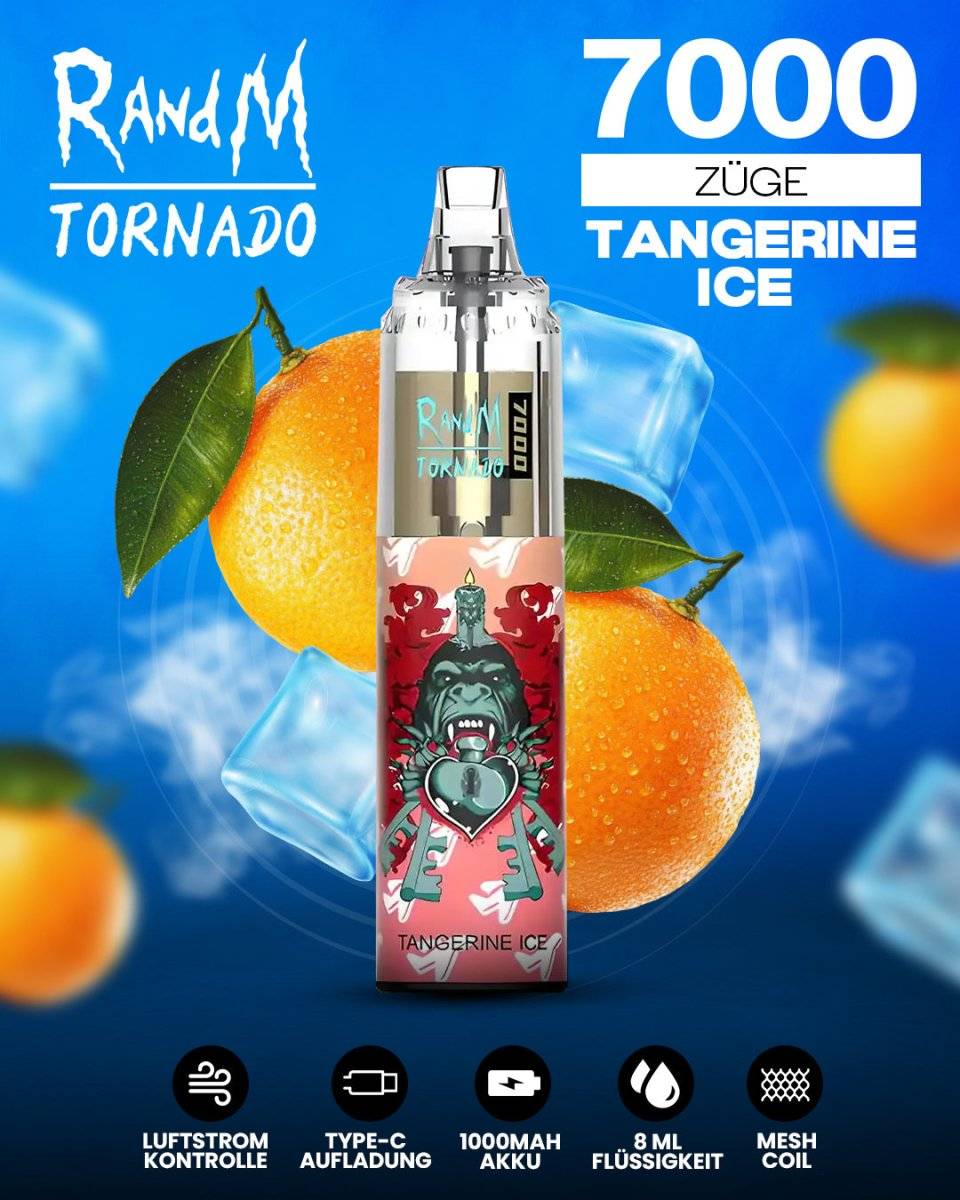 RandM Tornado 7000 Tangerine Ice Einweg-Vape mit 7000 Zügen und erfrischendem Mandarinen-Menthol-Geschmack