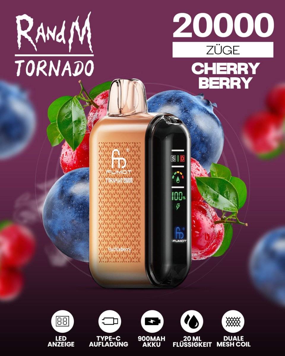 RandM Tornado 20000 - Cherry Berry | Fruchtig & Intensiv
Einweg-Vape mit 20.000 Zügen, das süße Kirschen und saftige Beeren für ein vollmundiges Dampferlebnis kombiniert.