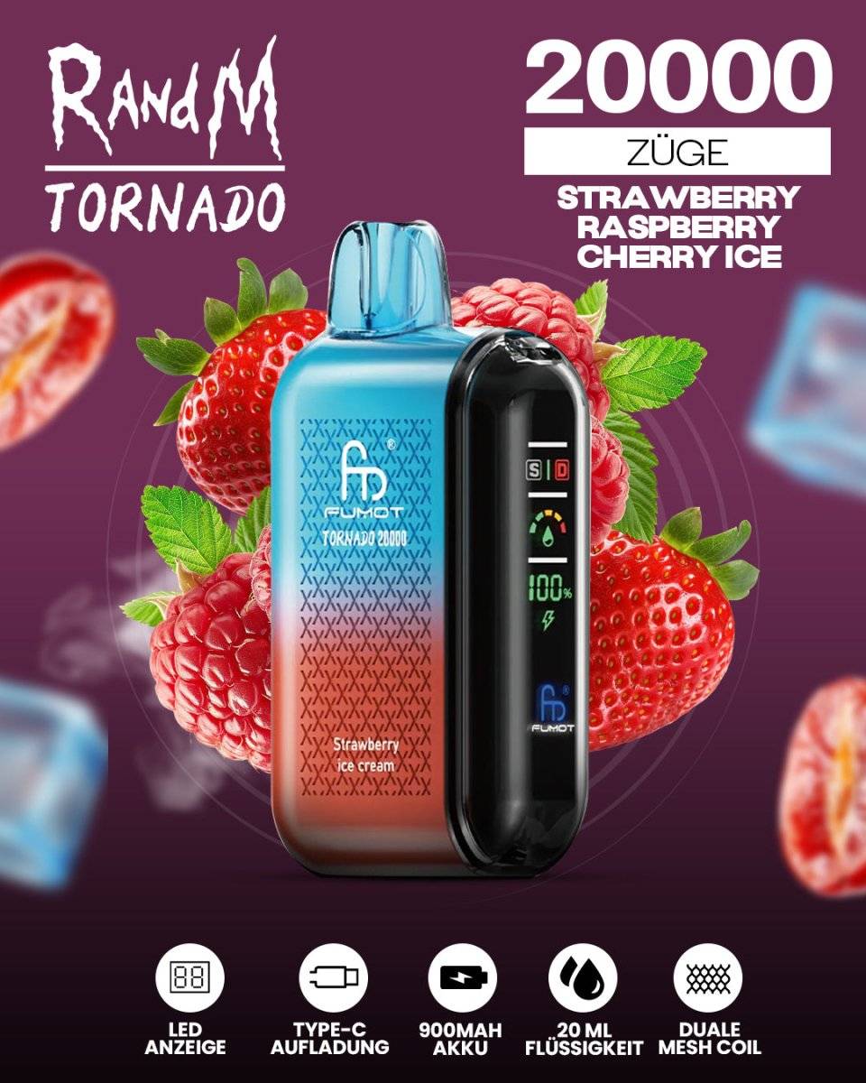 RandM Tornado 20000 Strawberry Raspberry Cherry Ice - randmevape.de