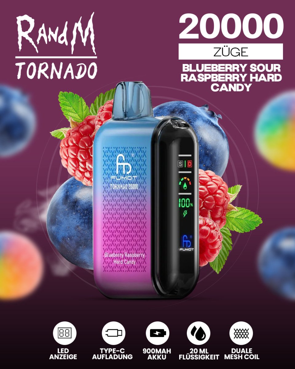 RandM Tornado 20000 Blueberry Raspberry Hard Candy - randmevape.de