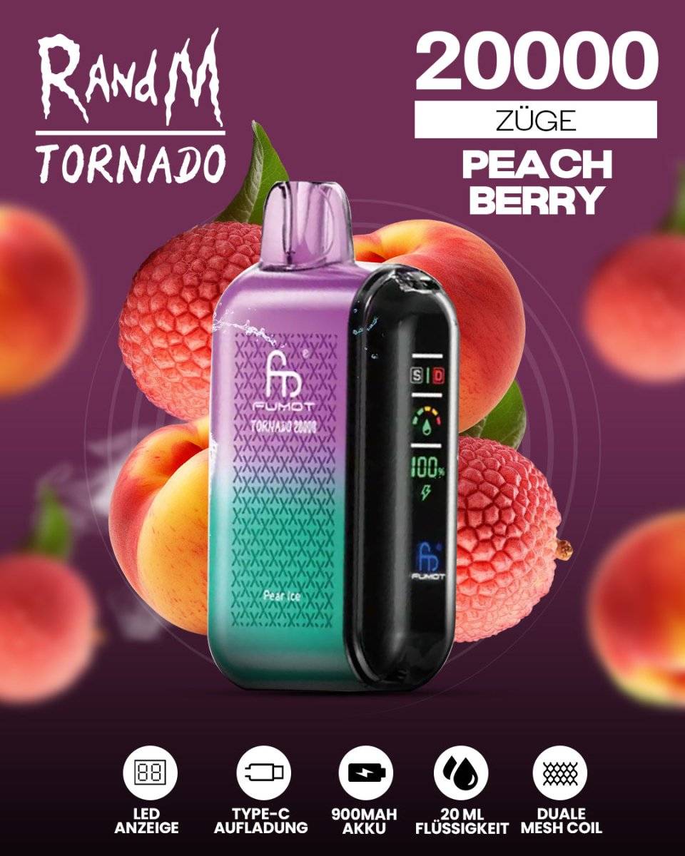 RandM Tornado 20000 - Peach Berry | Fruchtig & Erfrischend
Einweg-Vape mit 20.000 Zügen, das saftigen Pfirsich und süße Beeren für ein harmonisches und intensives Dampferlebnis kombiniert.