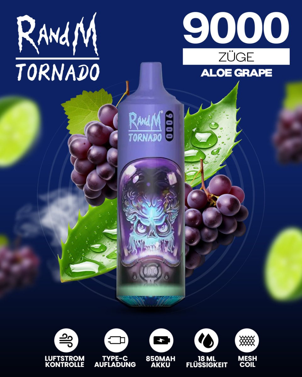 RandM Tornado 7000 Aloe Grape Einweg-Vape mit 7000 Zügen und erfrischend-süßem Aloe-Trauben-Geschmack