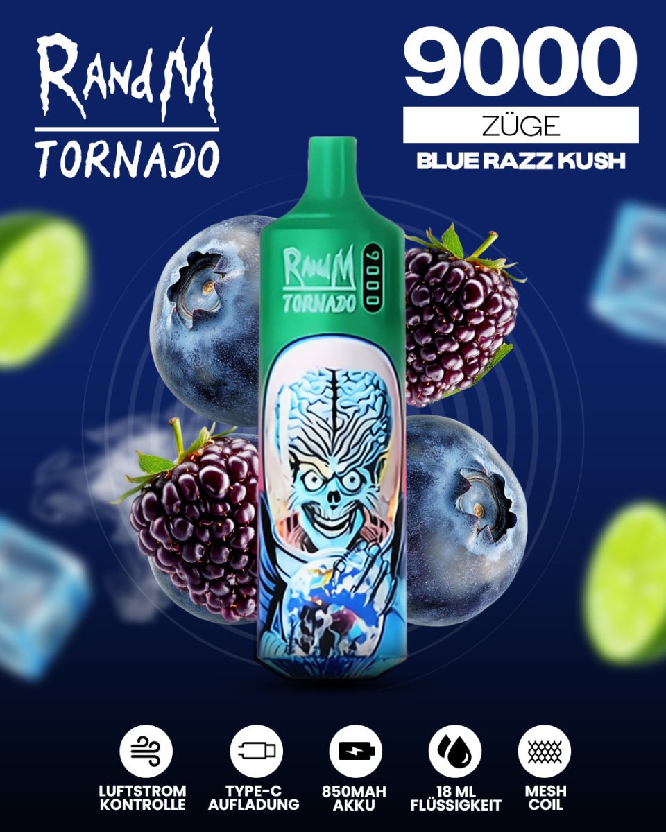 RandM Tornado Prime 9000 - Blue Razz Kush Einweg-Vape mit 9.000 Zügen und intensivem Geschmack aus blauen Himbeeren und exotischen Kush-Noten für ein einzigartiges Dampferlebnis.