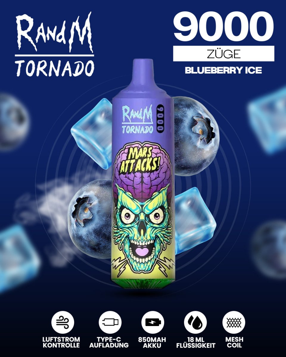 RandM Tornado Prime 9000 - Blueberry Ice Einweg-Vape mit 9.000 Zügen und fruchtig-kühlem Blaubeergeschmack für ein erfrischendes Dampferlebnis.