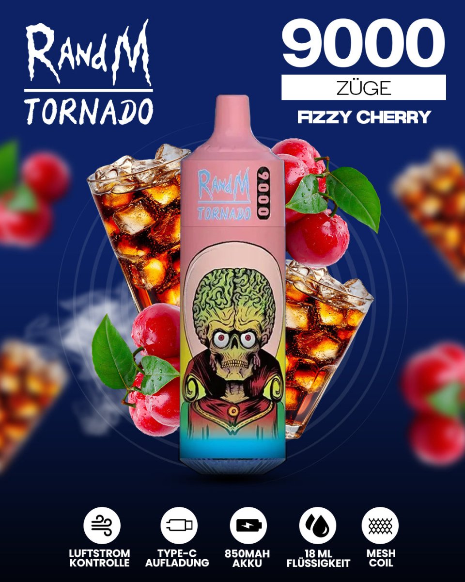 RandM Tornado Prime 9000 - Fizzy Cherry Einweg-Vape mit 9.000 Zügen und spritzigem Kirschgeschmack für ein prickelndes und intensives Dampferlebnis.