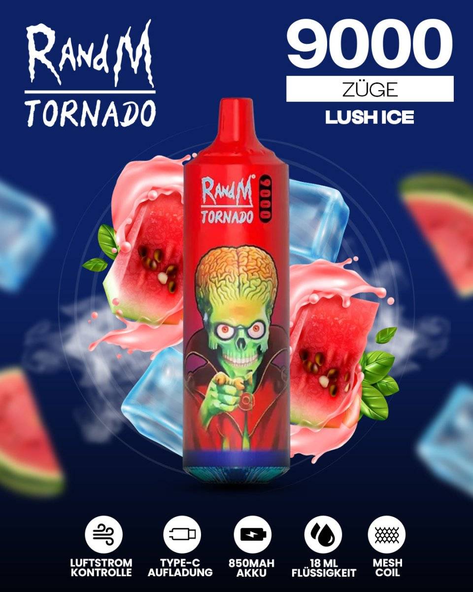 RandM Tornado 9000 - Lush Ice Einweg-Vape mit 9000 Zügen, intensiver Wassermelonen-Süße und erfrischender Menthol-Kühle für ein langanhaltendes Dampferlebnis.