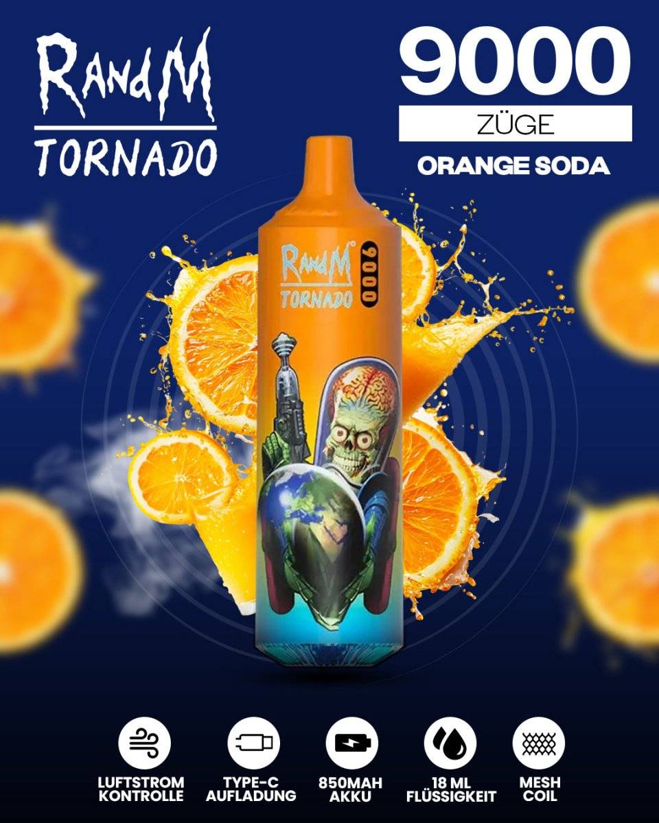 RandM Tornado Prime 9000 - Orange Soda Einweg-Vape mit 9.000 Zügen und spritzigem Orangenlimonaden-Geschmack für ein erfrischendes Dampferlebnis.