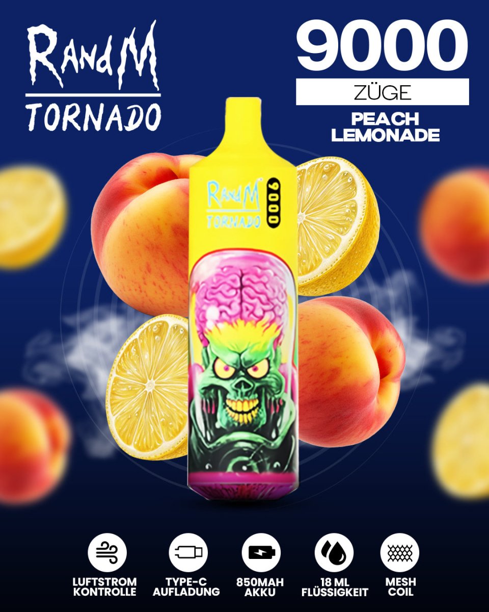 RandM Tornado Prime 9000 - Peach Lemonade Einweg-Vape mit 9.000 Zügen, fruchtig-süßem Pfirsichgeschmack und spritziger Zitronennote für ein erfrischendes Dampferlebnis.