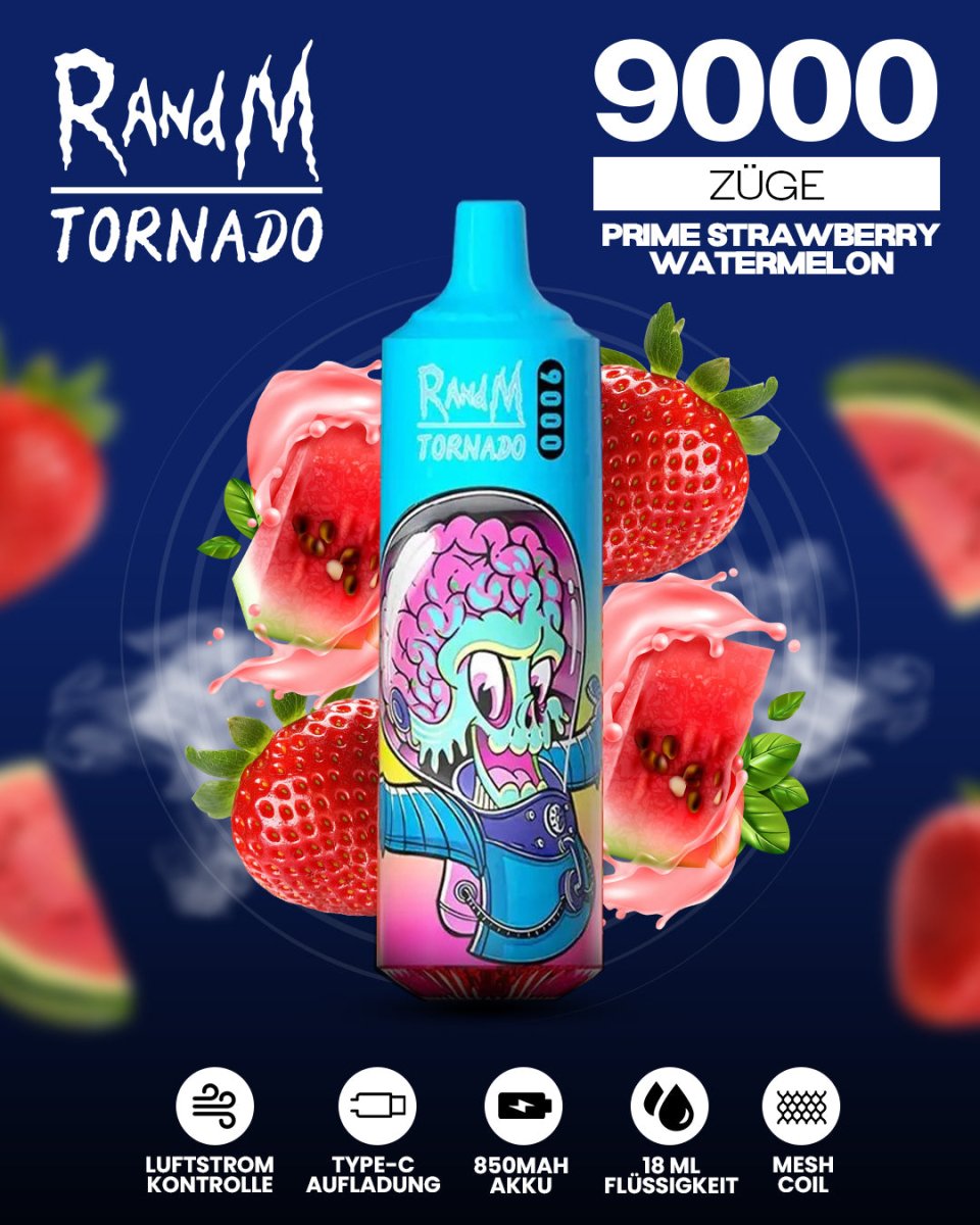 RandM Tornado Prime 9000 - Strawberry Watermelon Einweg-Vape mit 9.000 Zügen, fruchtig-süße Kombination aus saftigen Erdbeeren und erfrischender Wassermelone für ein langanhaltendes Dampferlebnis.