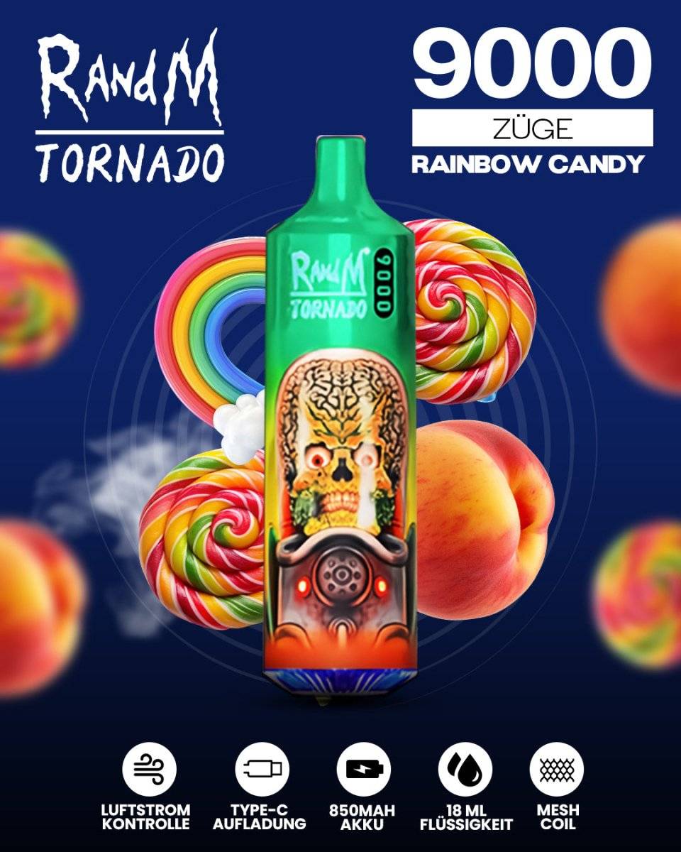 RandM Tornado 7000 Rainbow Candy Einweg-Vape mit 7000 Zügen und bunt-fruchtigem Regenbogen-Bonbon-Geschmack