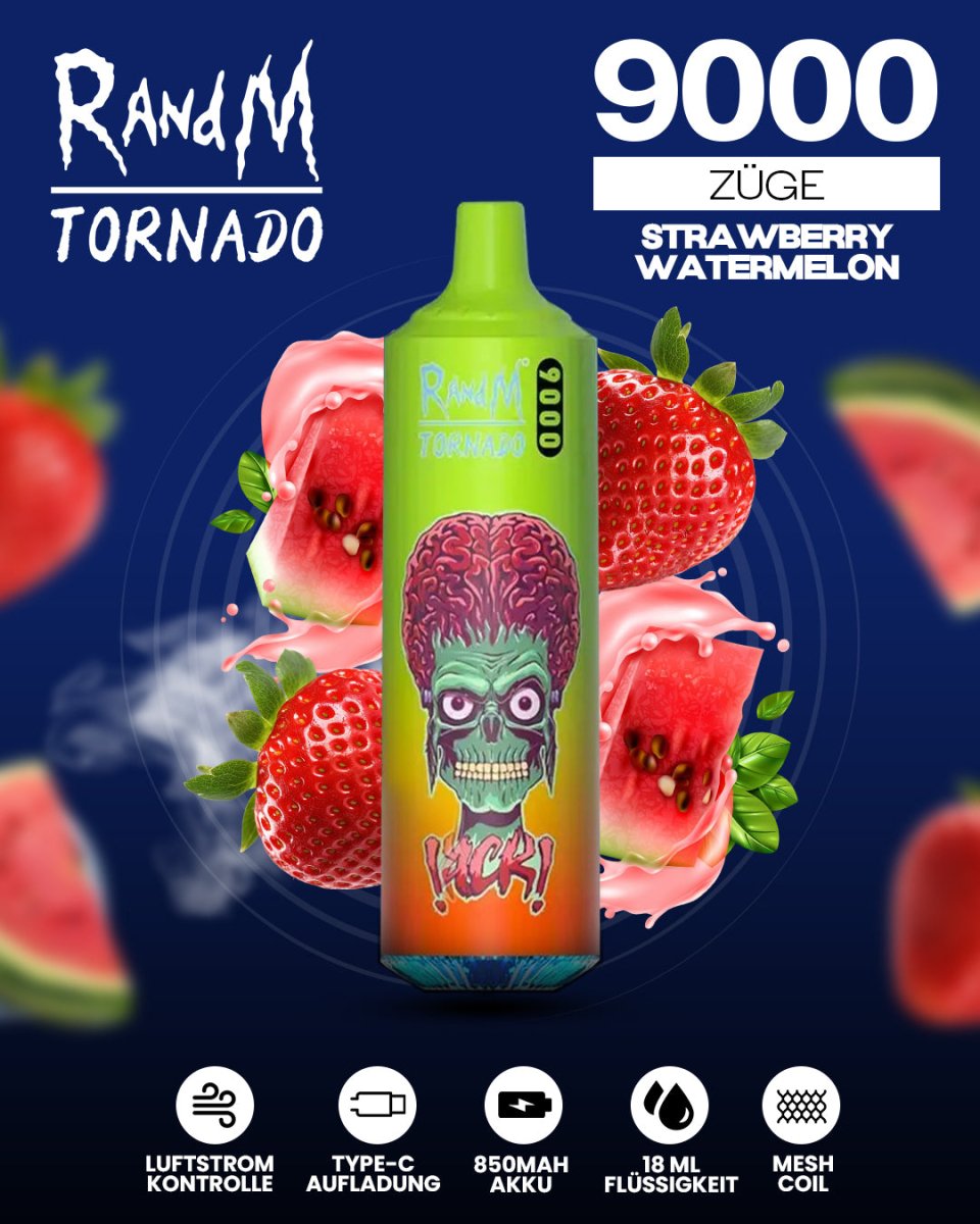 RandM Tornado Prime 9000 - Strawberry Watermelon Einweg-Vape mit 9.000 Zügen und süß-saftiger Erdbeer-Wassermelonen-Kombination für ein fruchtig-erfrischendes Dampferlebnis.