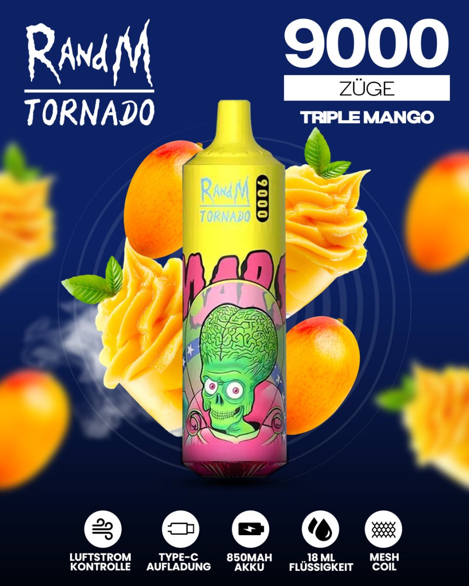 RandM Tornado Prime 9000 - Triple Mango Einweg-Vape mit 9.000 Zügen und intensivem, tropisch-süßem Mangogeschmack für ein exotisches Dampferlebnis.
