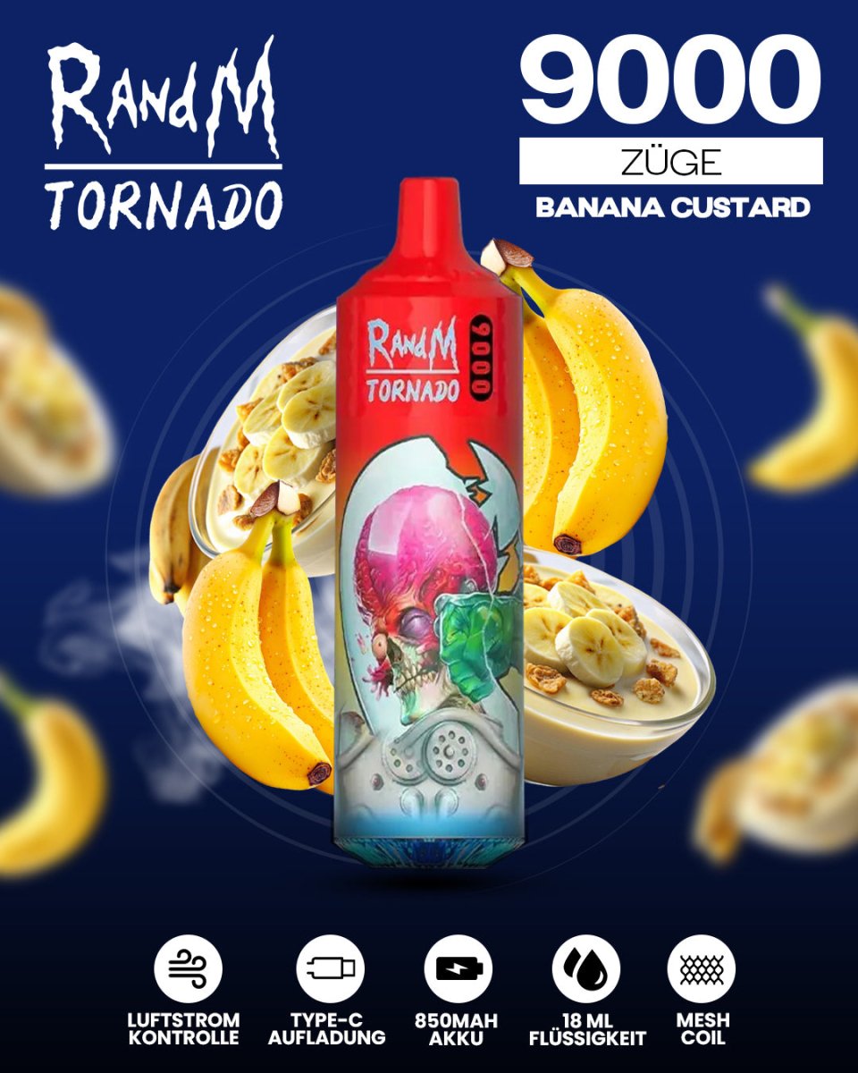 RandM Tornado Prime 9000 - Banana Custard Einweg-Vape mit 9.000 Zügen und cremig-süßem Bananen-Vanille-Geschmack für ein vollmundiges Dampferlebnis.