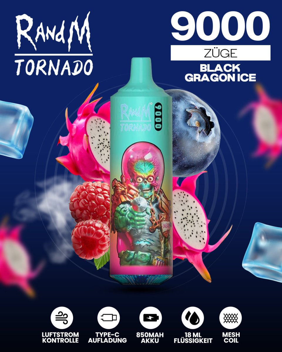 RandM Tornado Prime 9000 - Black Dragon Ice Einweg-Vape mit 9.000 Zügen und intensivem dunklen Beerenmix, kombiniert mit einer kühlen Eisnote für ein erfrischend-fruchtiges Dampferlebnis.