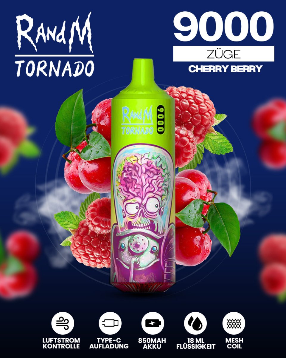 RandM Tornado 9000 - Cherry Berry Einweg-Vape mit 9.000 Zügen, fruchtiger Mischung aus süßen Kirschen und saftigen Beeren für ein intensives und langanhaltendes Dampferlebnis.