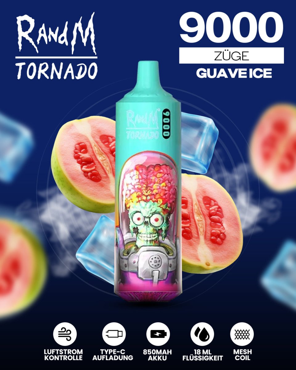 RandM Tornado Prime 9000 - Guava Ice Einweg-Vape mit 9.000 Zügen und exotisch-erfrischendem Guaven-Menthol-Geschmack für ein tropisches Dampferlebnis.