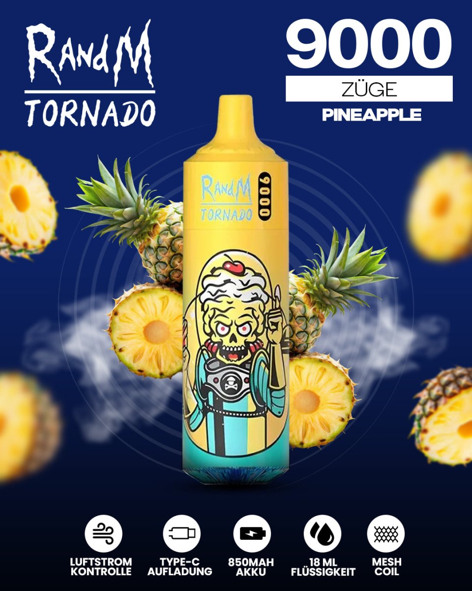 RandM Tornado Prime 9000 - Pineapple Einweg-Vape mit 9.000 Zügen und tropisch-süßem Ananasgeschmack für ein exotisches und erfrischendes Dampferlebnis.