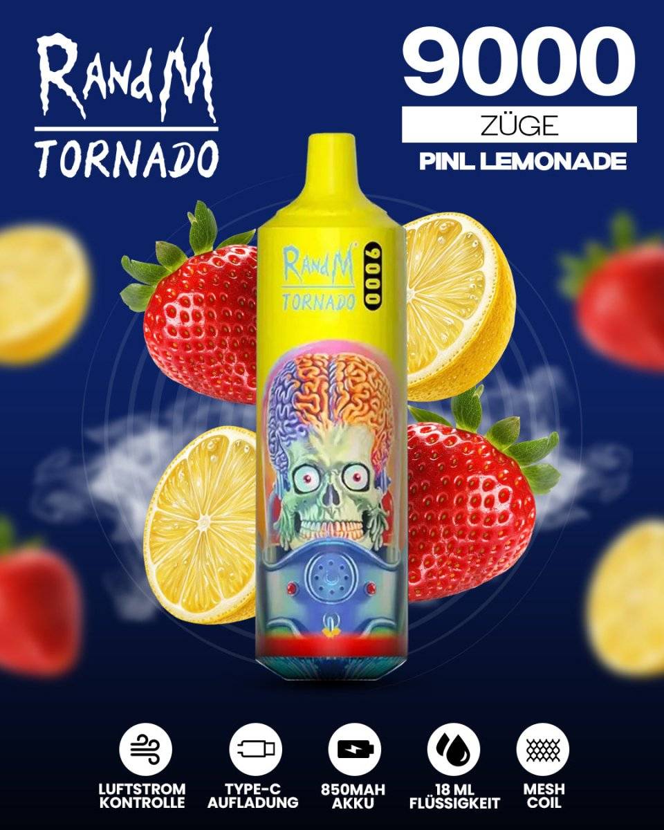RandM Tornado Prime 9000 - Pink Lemonade Einweg-Vape mit 9.000 Zügen und spritzig-fruchtigem Zitronen-Beeren-Geschmack für ein erfrischendes Dampferlebnis.