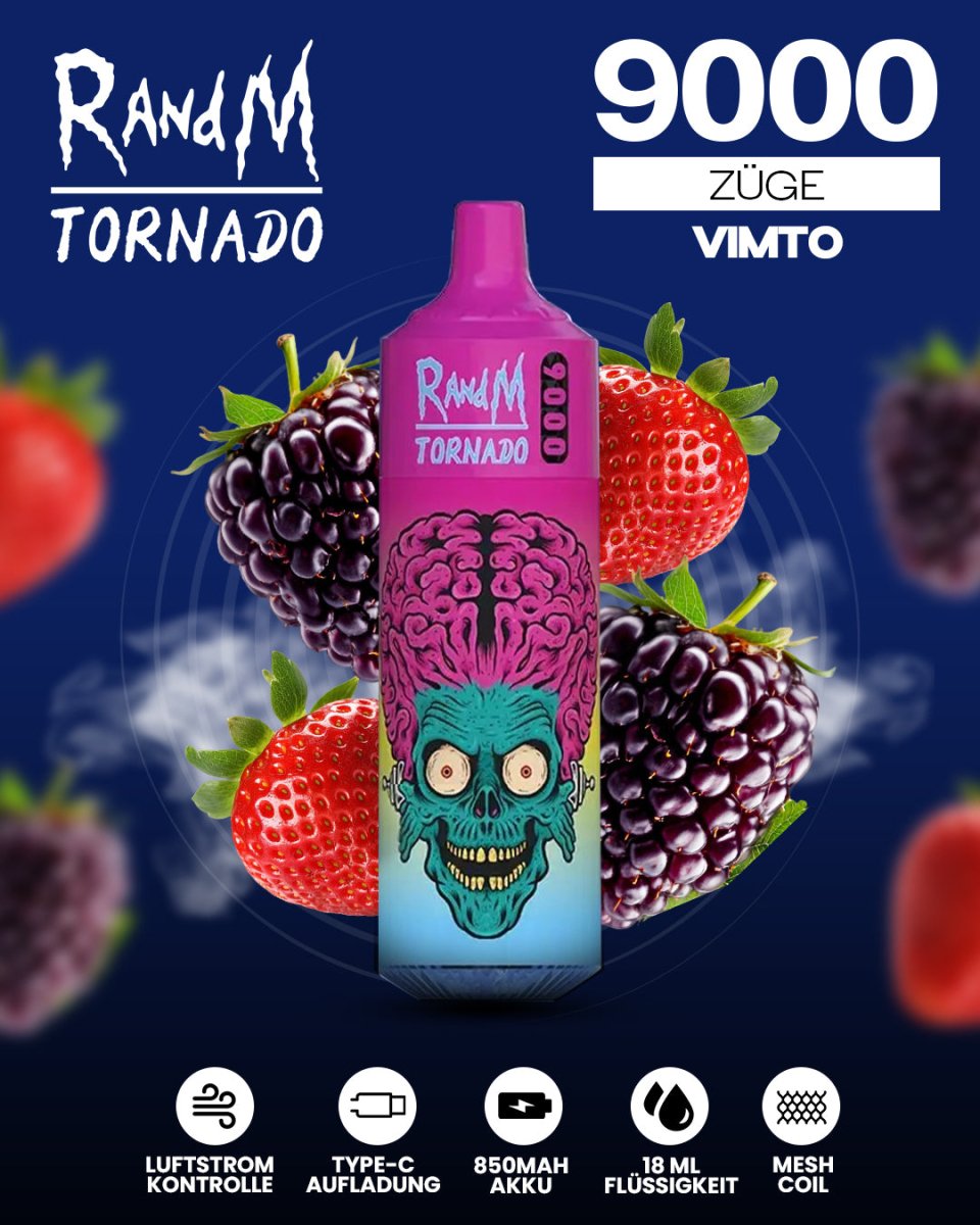 RandM Tornado Prime 9000 - Vimto Einweg-Vape mit 9.000 Zügen, inspiriert vom beliebten Beeren-Getränk, mit süß-säuerlicher Fruchtmischung für intensiven Geschmack.