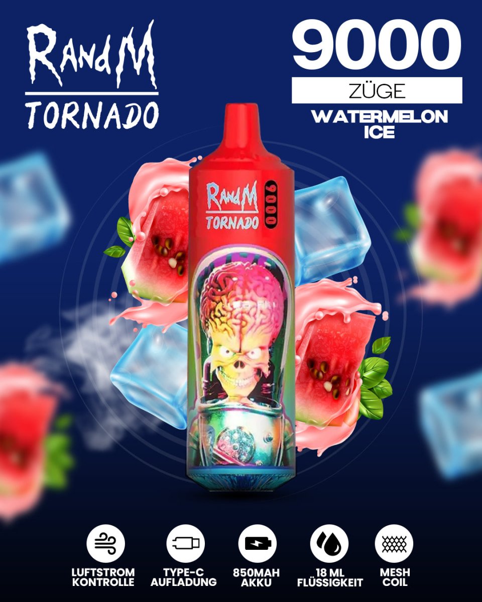 RandM Tornado Prime 9000 - Watermelon Brazz Ice Einweg-Vape mit 9.000 Zügen und einer erfrischenden Mischung aus Wassermelone und blauen Himbeeren mit kühler Eisnote.