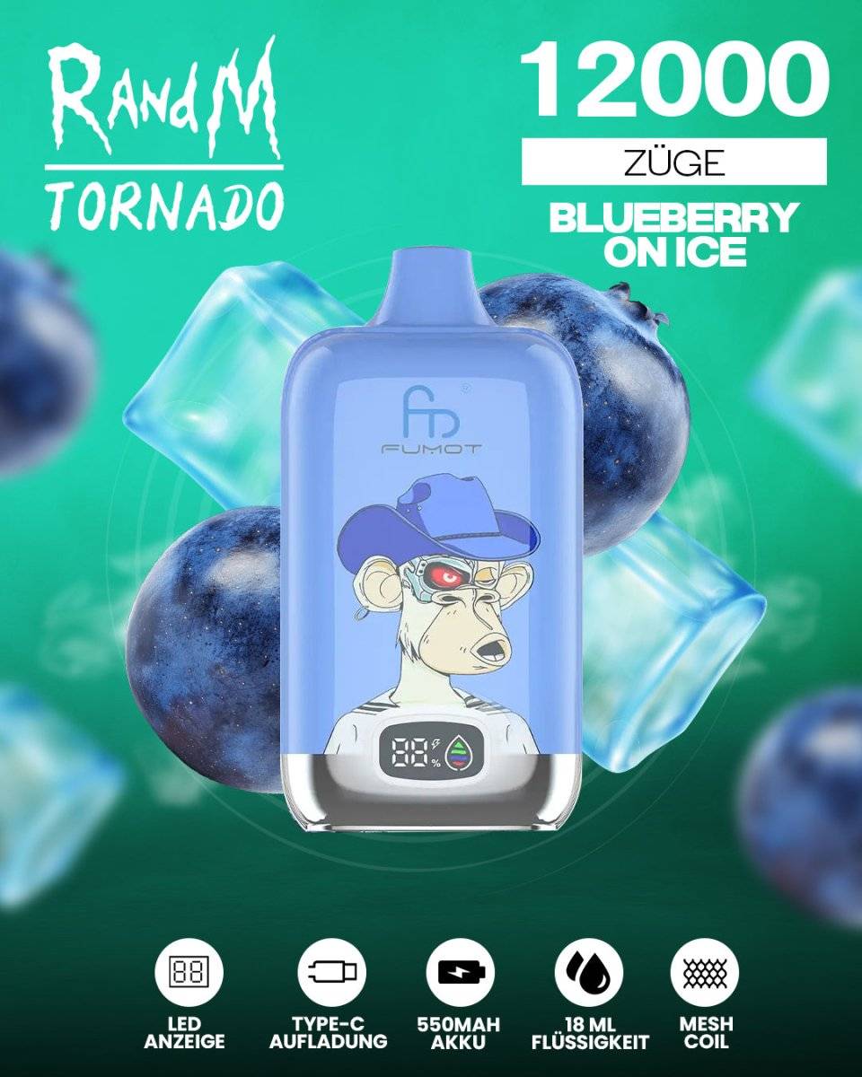 RandM Tornado 12000 - Blueberry on Ice Einweg-Vape mit 12.000 Zügen und intensivem Blaubeeren-Geschmack, kombiniert mit einer erfrischenden Eisnote für ein kühles Dampferlebnis.