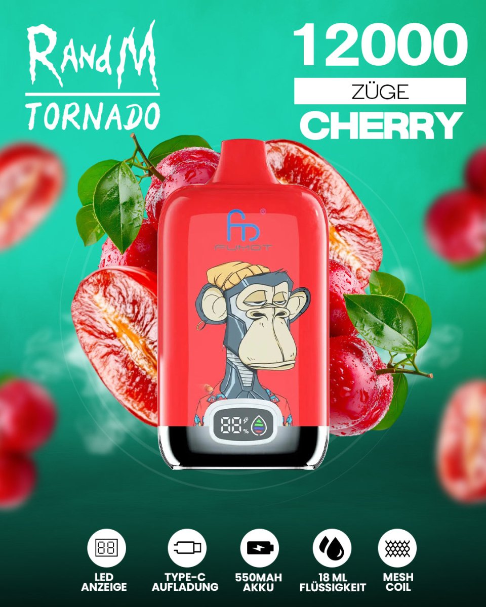 RandM Tornado 12000 - Cherry Einweg-Vape mit 12.000 Zügen und intensivem Kirschgeschmack für ein fruchtig-süßes Dampferlebnis.