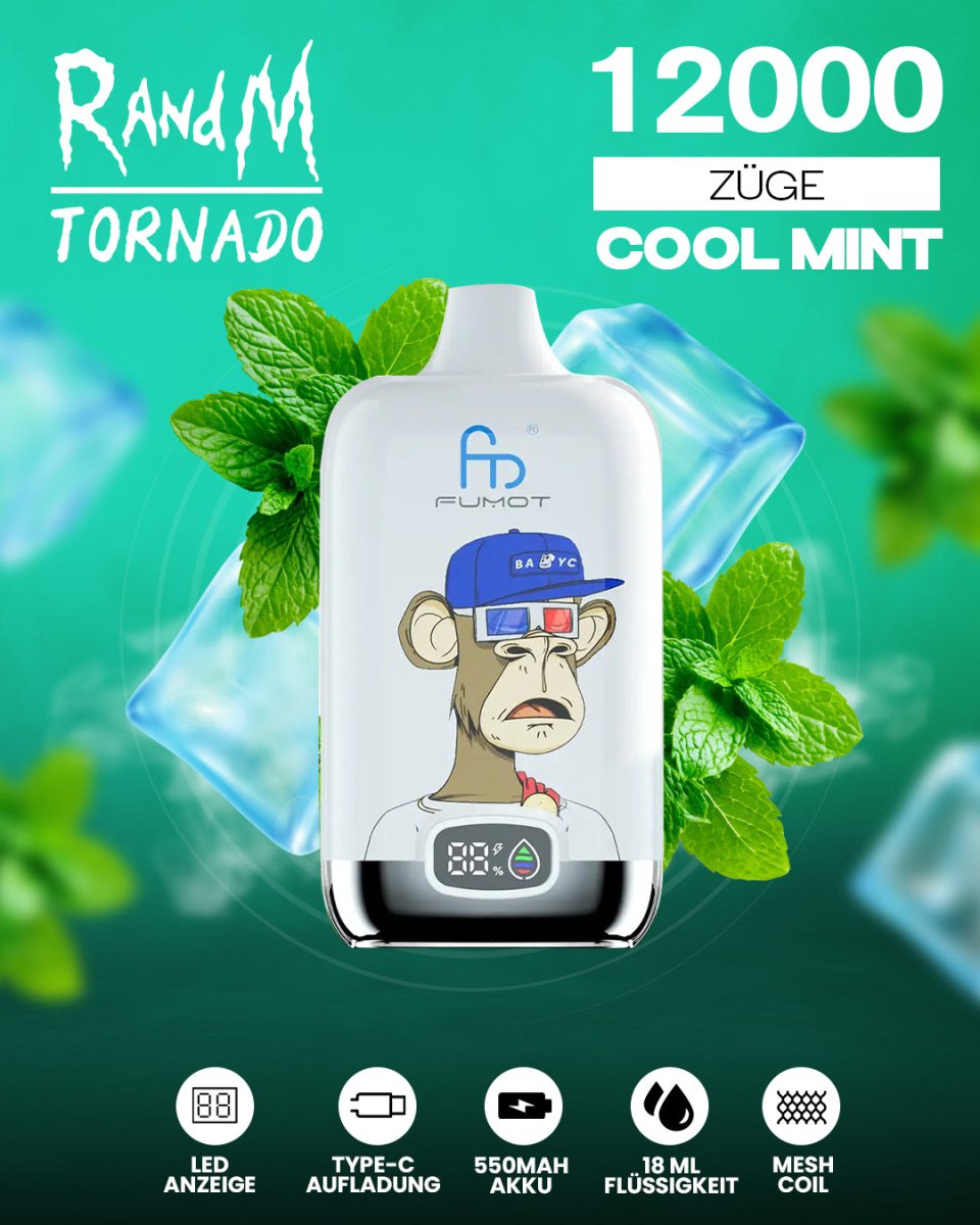 RandM Tornado 12000 - Cool Mint Einweg-Vape mit 12.000 Zügen und intensiver Minzfrische für ein langanhaltend kühles und belebendes Dampferlebnis.
