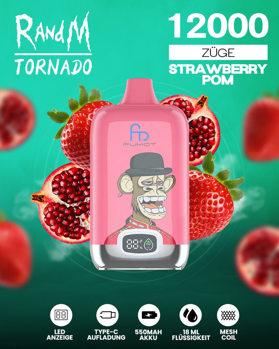 RandM Tornado 12000 - Strawberry Pomegranate Einweg-Vape mit 12.000 Zügen und fruchtig-erfrischendem Erdbeer-Granatapfel-Geschmack.