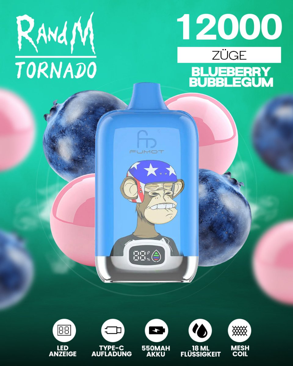 RandM Tornado 12000 - Blueberry Bubblegum Einweg-Vape mit 12.000 Zügen und fruchtig-süßem Geschmack aus reifen Blaubeeren und klassischem Kaugummi-Aroma für ein intensives Dampferlebnis.