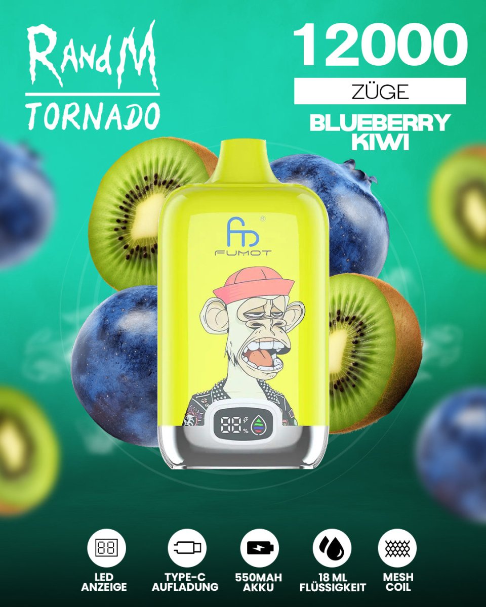 RandM Tornado 12000 - Blueberry Kiwi Einweg-Vape mit 12.000 Zügen und fruchtiger Mischung aus süßen Blaubeeren und exotischer Kiwi für ein erfrischendes Dampferlebnis.