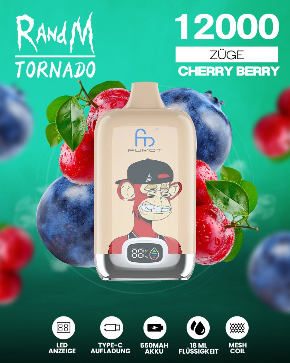 RandM Tornado 12000 - Cherry Berry Einweg-Vape mit 12.000 Zügen und fruchtiger Kombination aus süßer Kirsche und saftigen Beeren für ein intensives Dampferlebnis.