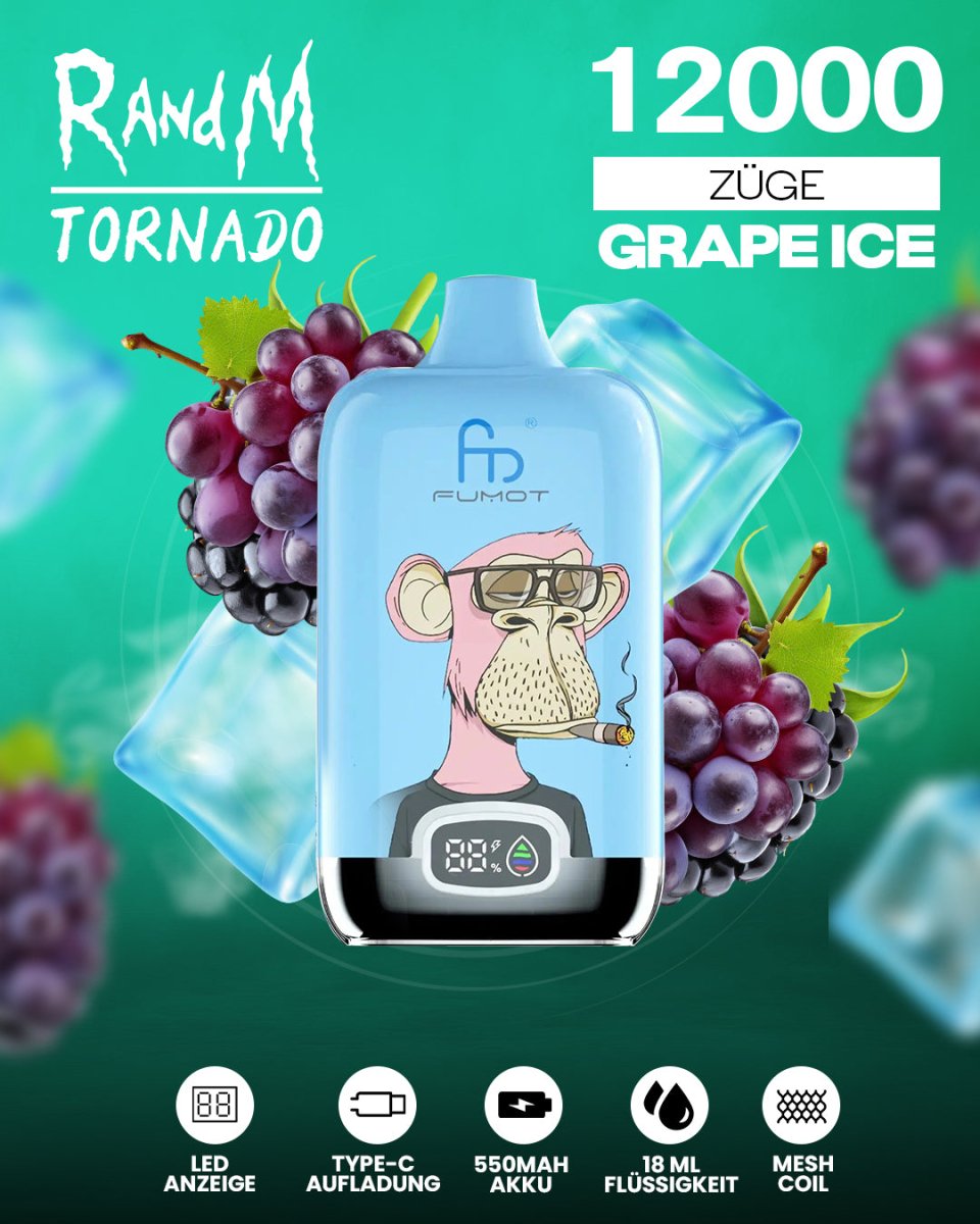 RandM Tornado 12000 - Grape Ice Einweg-Vape mit 12.000 Zügen und intensivem Trauben-Menthol-Geschmack.