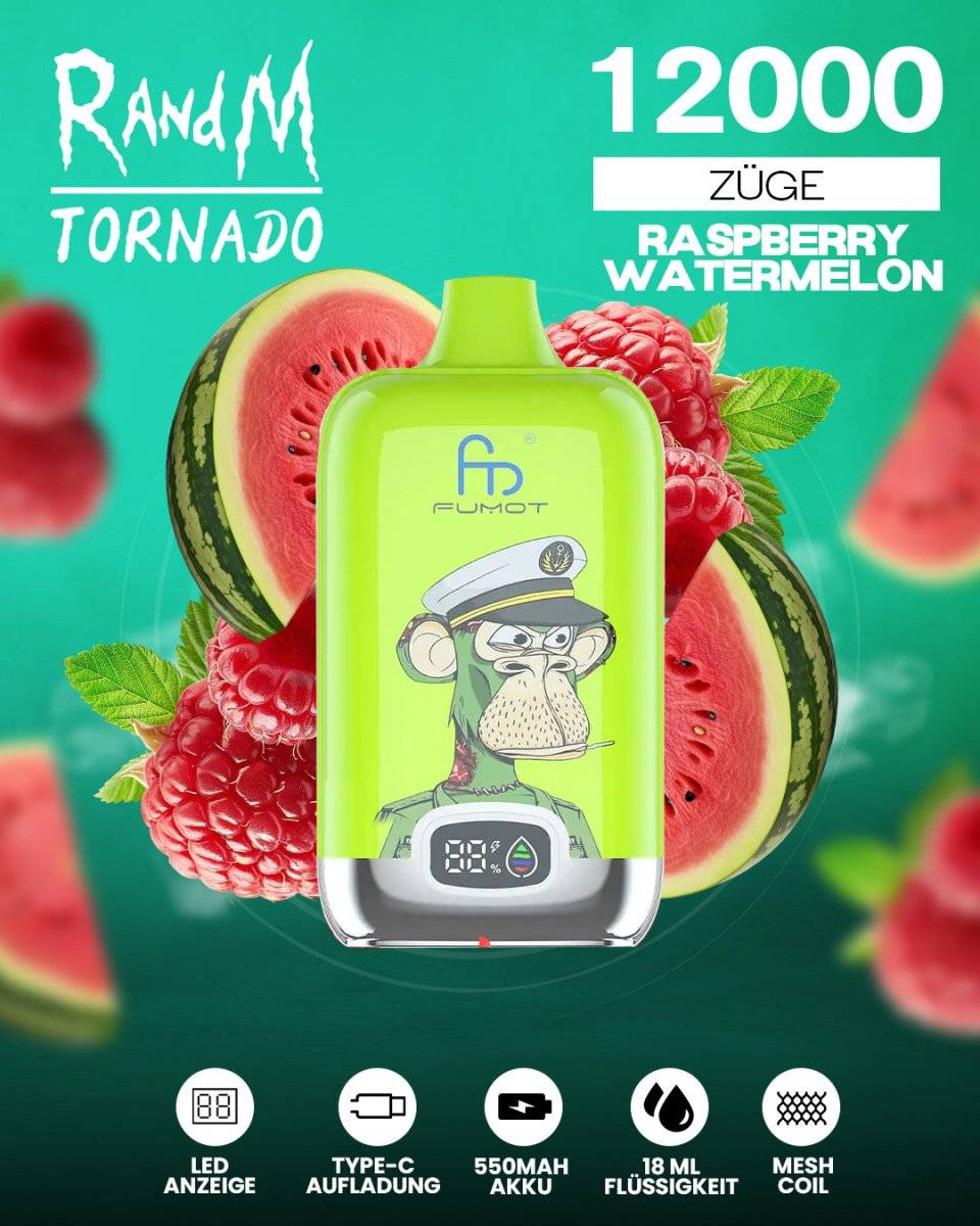 RandM Tornado 12000 - Raspberry Watermelon Einweg-Vape mit 12.000 Zügen und fruchtig-erfrischender Mischung aus süßen Himbeeren und saftiger Wassermelone für ein intensives Geschmackserlebnis.