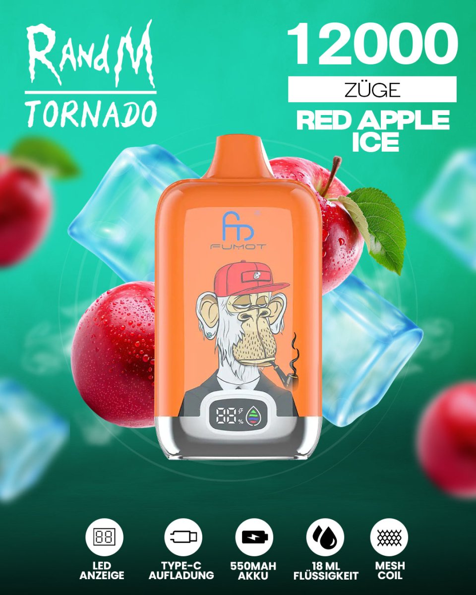 RandM Tornado 12000 - Red Apple Ice Einweg-Vape mit 12.000 Zügen und erfrischendem Apfelgeschmack, kombiniert mit einer kühlen Eisnote für ein intensives Dampferlebnis.