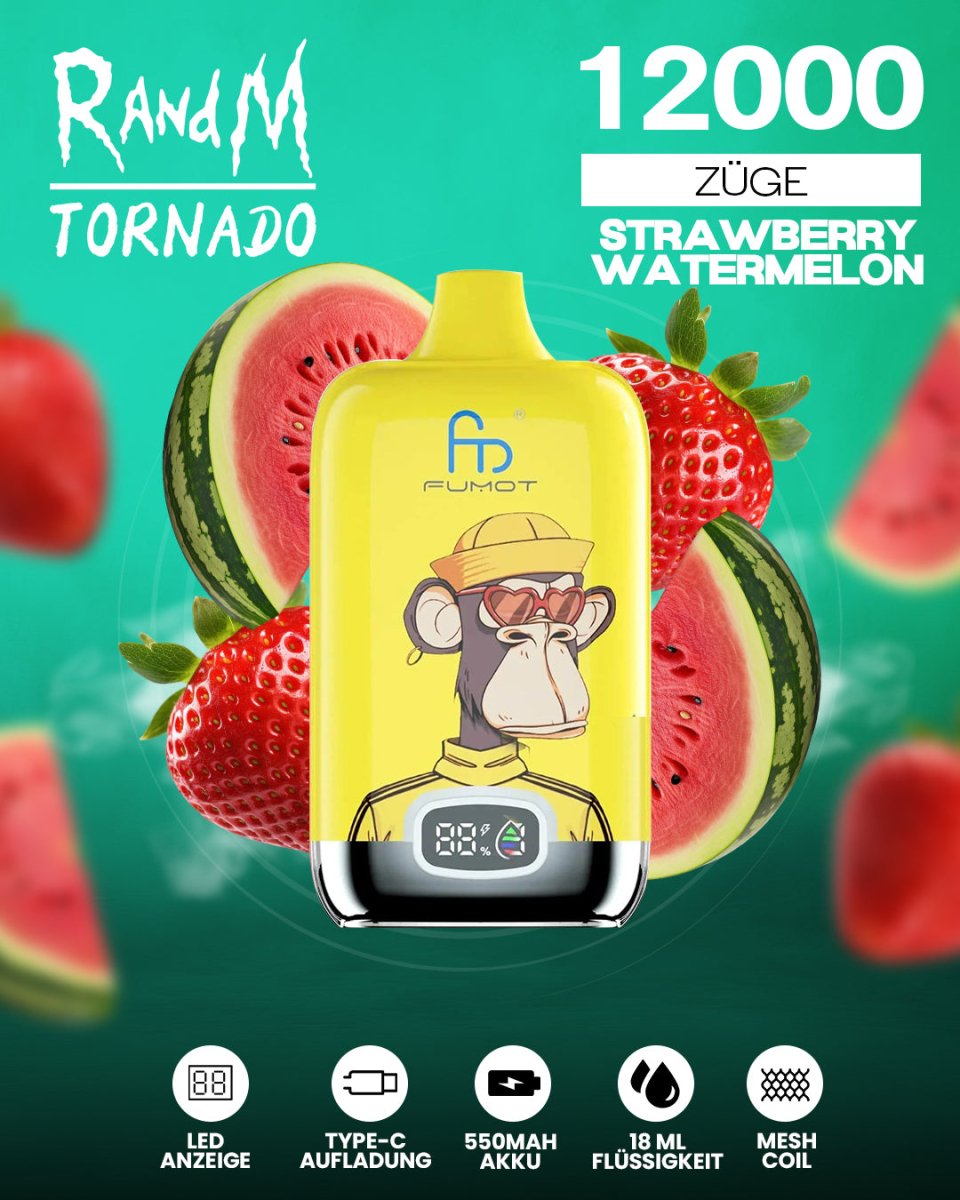 RandM Tornado 12000 - Strawberry Watermelon Einweg-Vape mit 12.000 Zügen und fruchtig-erfrischendem Erdbeer-Wassermelonen-Geschmack für ein intensives Dampferlebnis.